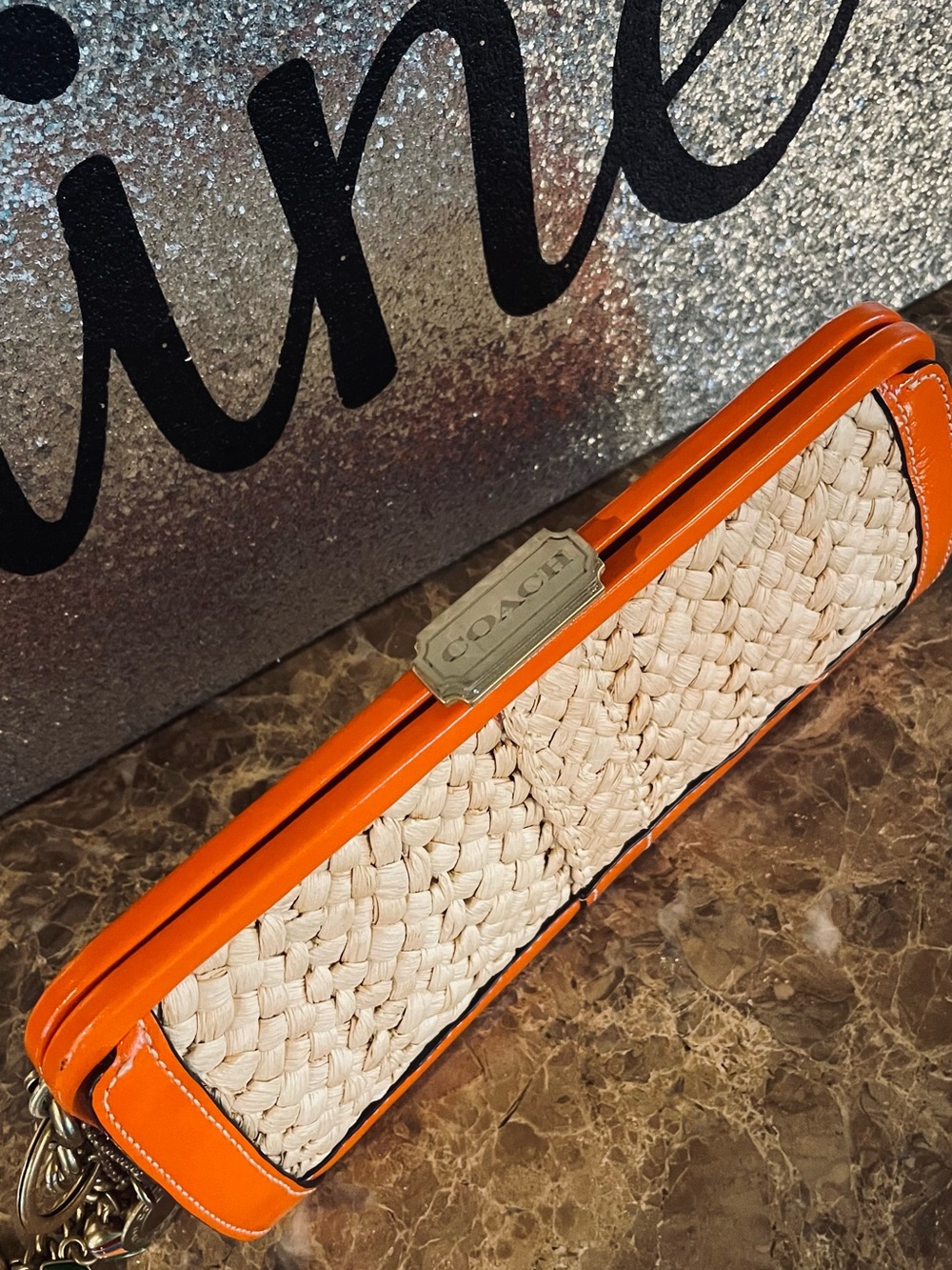COACH Vintage Orange Straw Leather Minaudière Clutch WITH Motif Chain Bag Charm - Picture 11 of 17